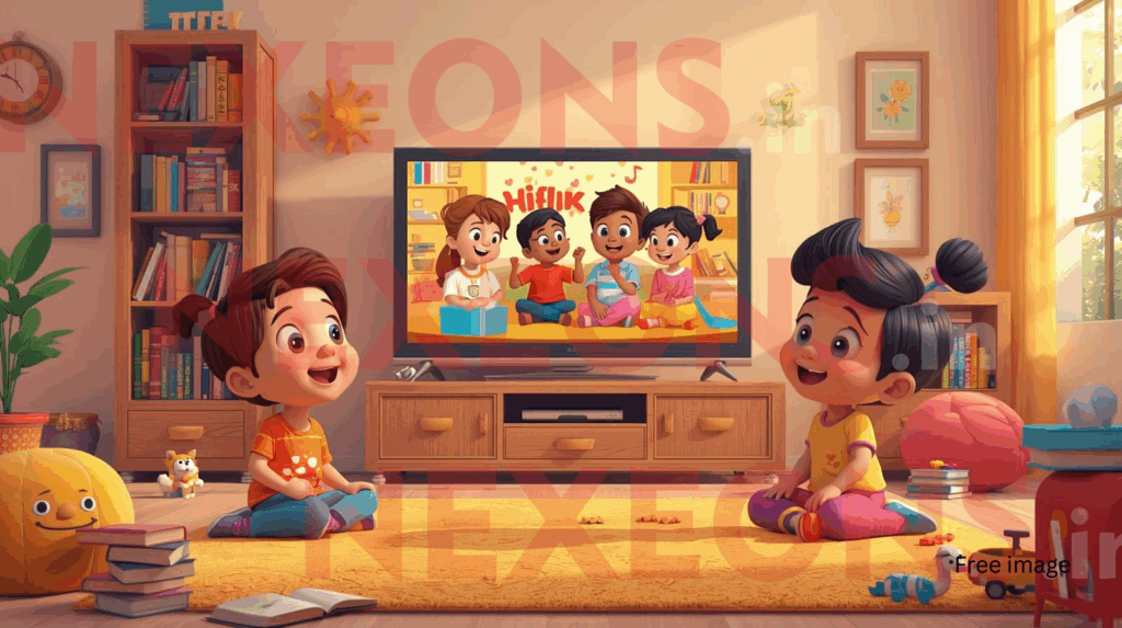 बच्चे टीवी पर सुपरहीरो और एनिमल कार्टून देख रहे हैं।"
