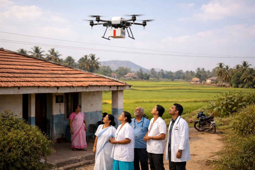 Medical drone delivering medicines under AP government and Redwing drone healthcare initiative