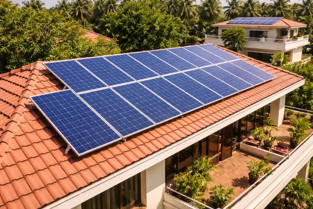 Close-up image of rooftop solar panels on an Indian home, strong focus
