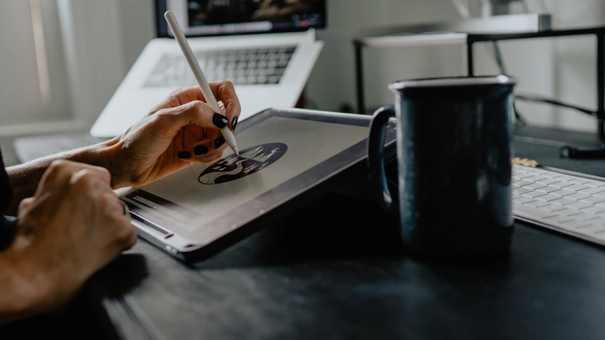 Designer drawing on a digital tablet illustrating AI imagery and commercial usage rights