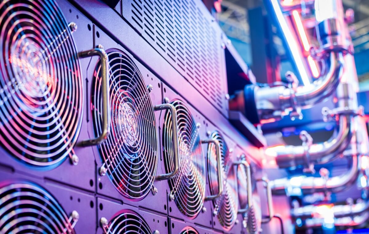 Data center server racks and cooling infrastructure illustrating cloud computing