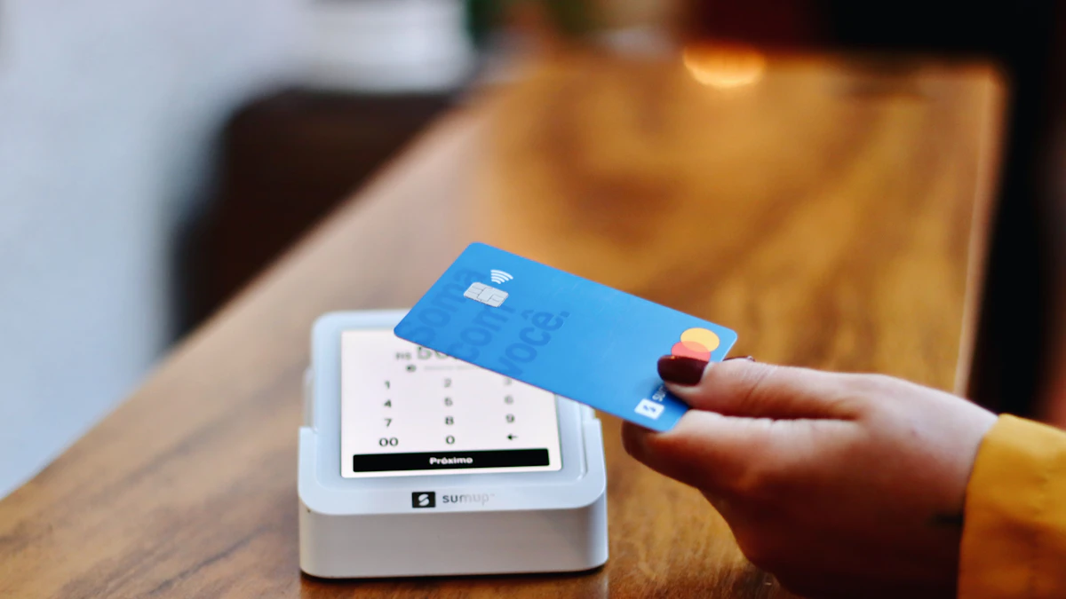 Customer holding a credit card near a payment terminal, illustrating card transaction disputes