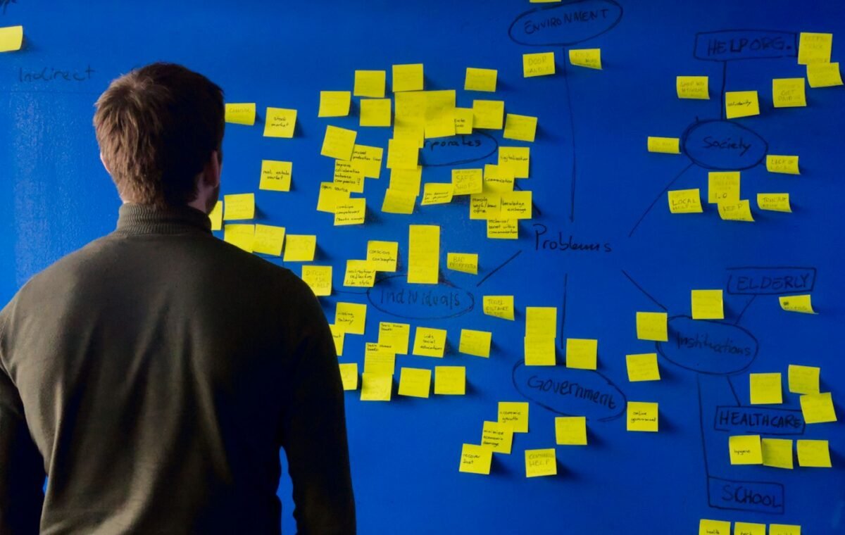 Brainstorming sticky notes illustrating minimum viable product planning for startups